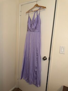 Azazie Lavender Satin Maxi Dress with V-Neck